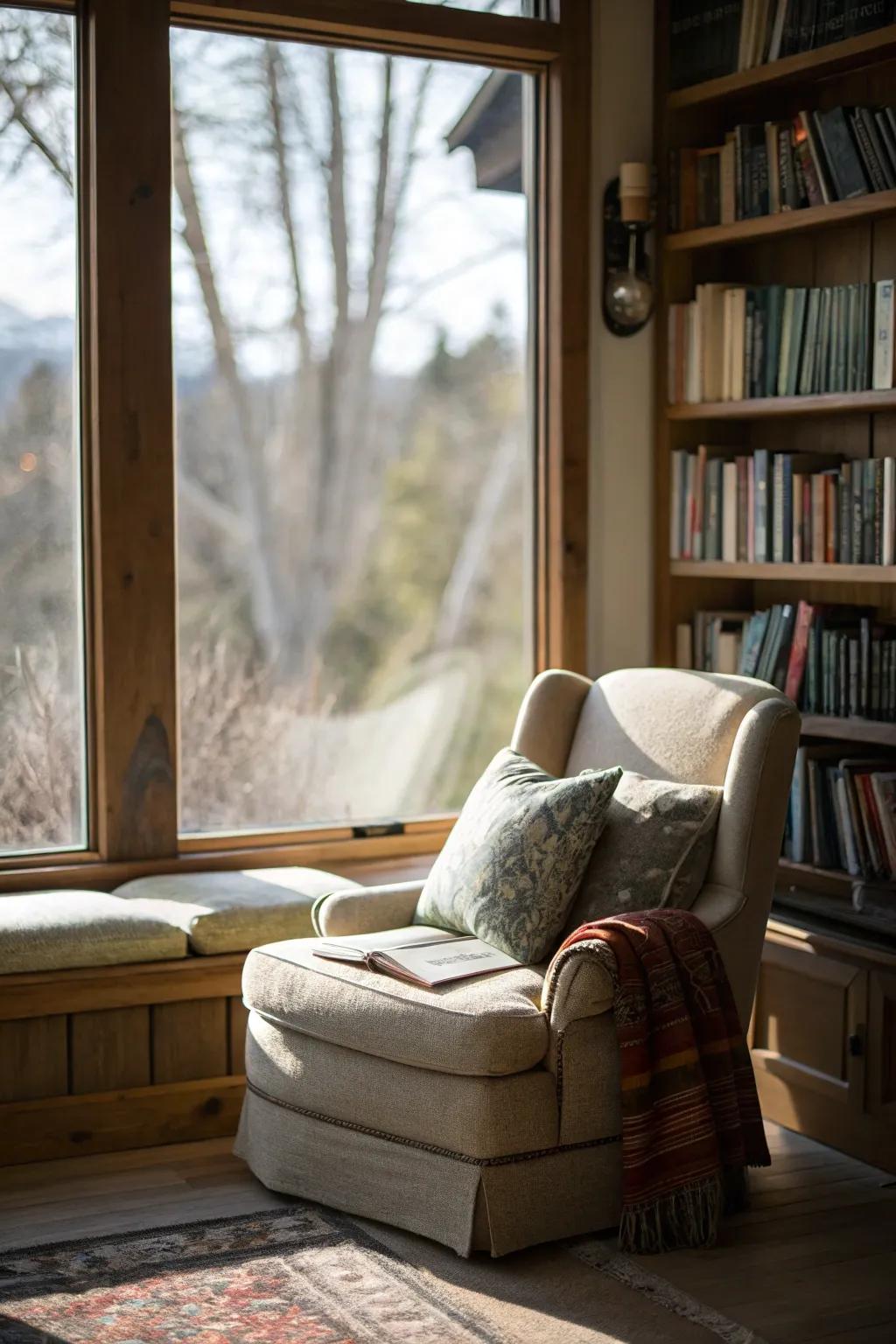 A welcoming reading area with pillows by a bay window, just right for unwinding.