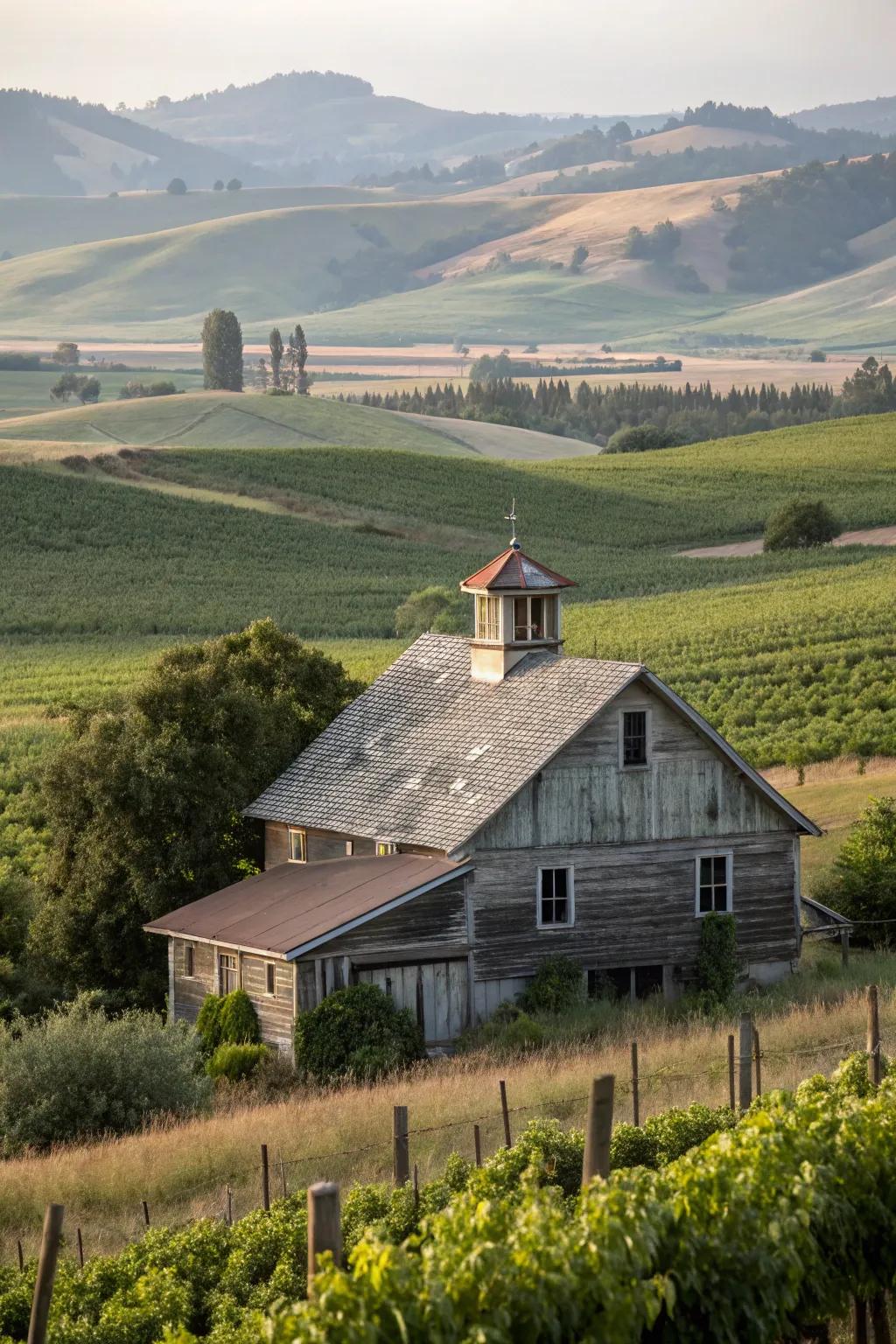 A rustic farmhouse enhanced by a practical vented cupola.