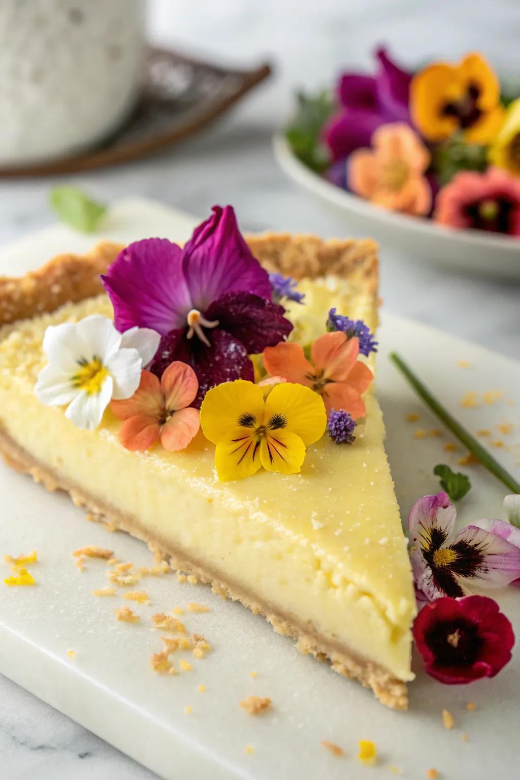 A pie slice embellished with lively edible flowers.