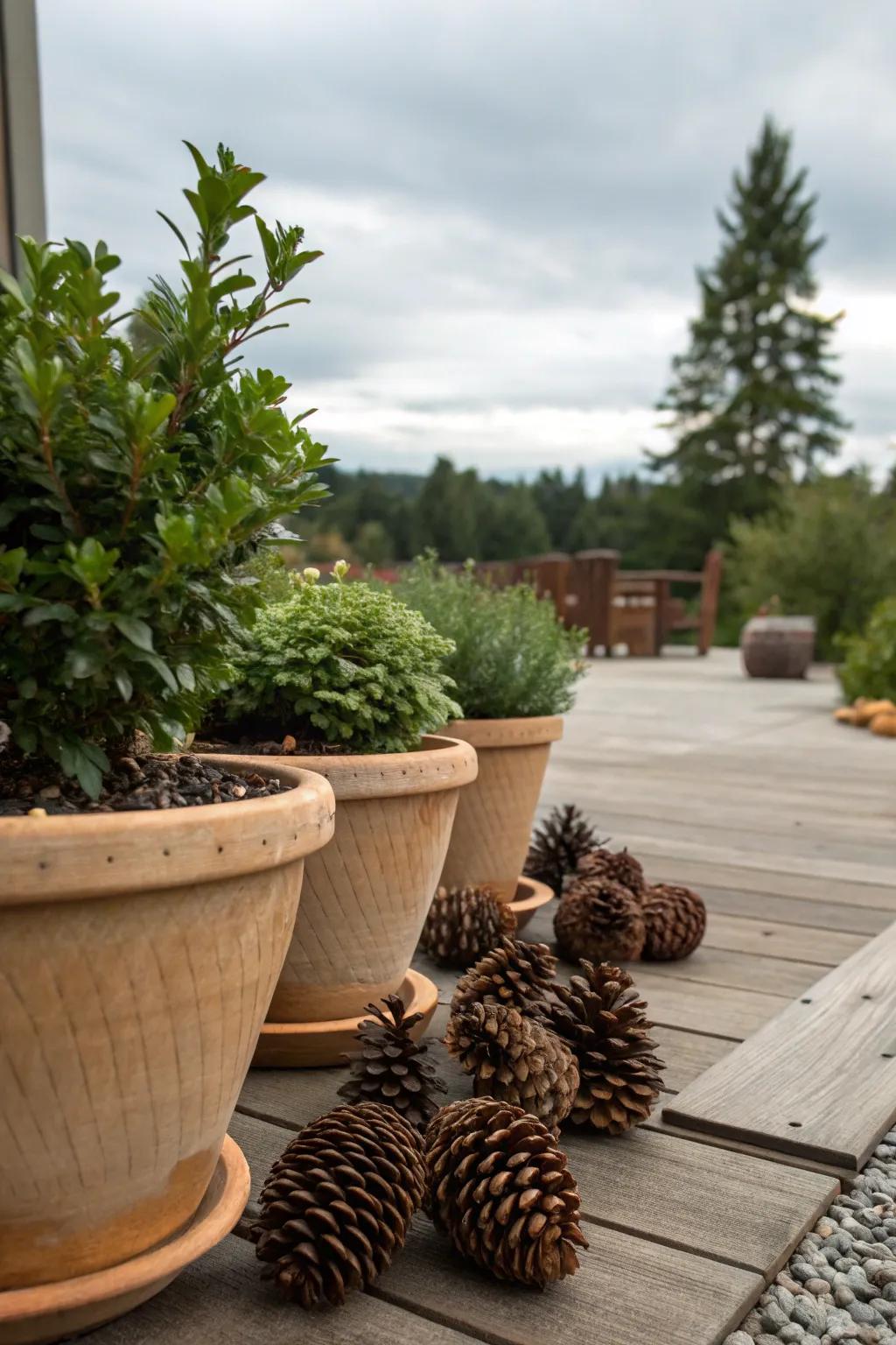Pinecones used as mulch in pots help to keep plants hydrated for extended periods.
