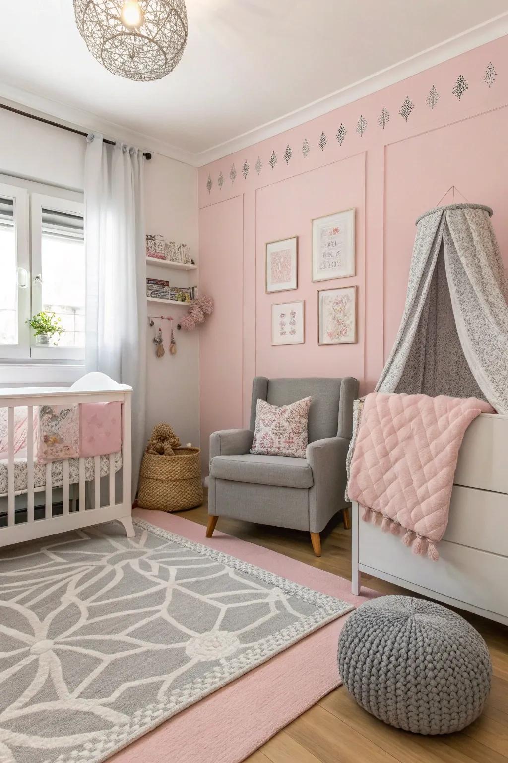 A nursery environment where pastel pink blends with gentle gray for a sophisticated outcome.