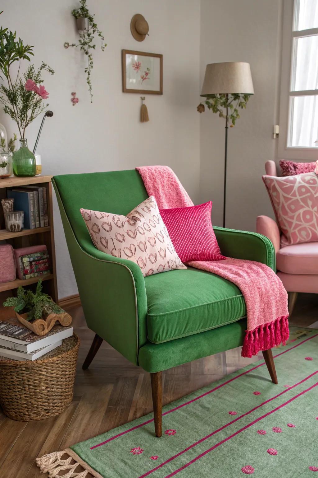Verdant chair with rose accessories results in a striking contrast.