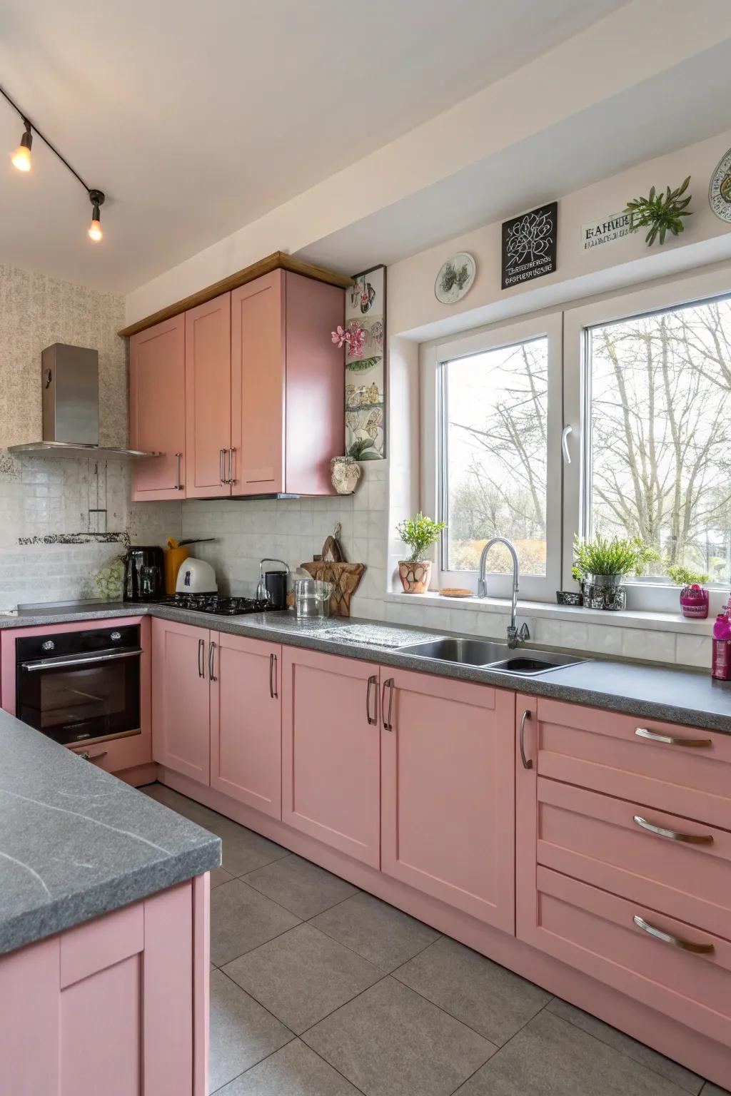 Striking rose coloured cabinetry paired with sleek grey worktops.
