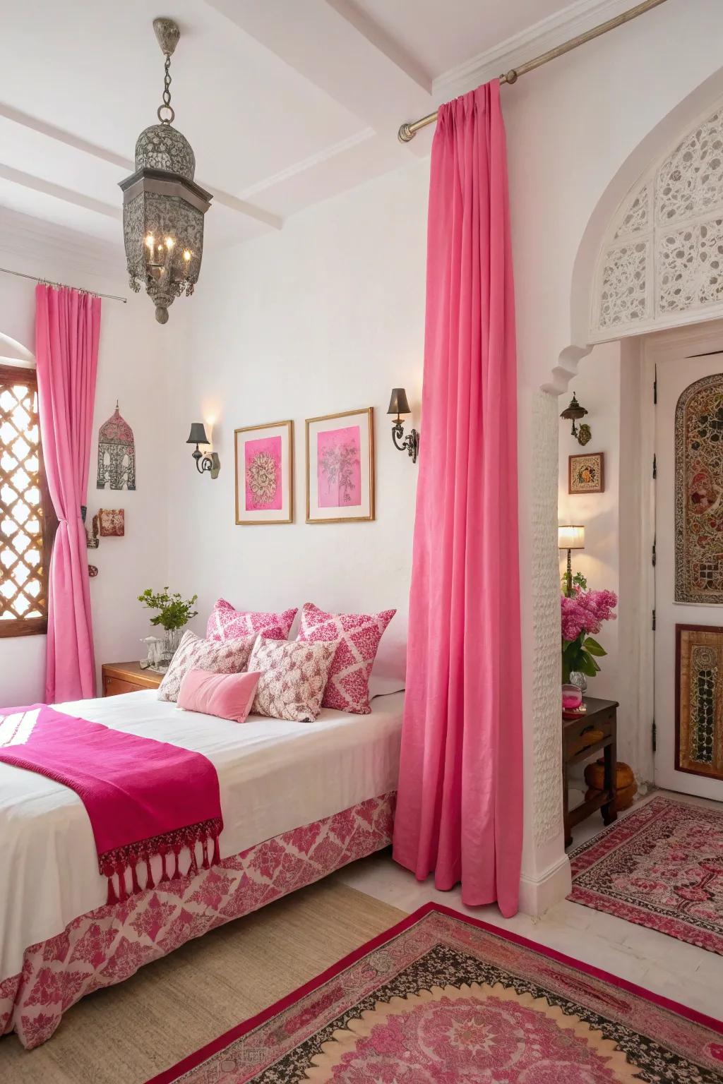 Crimson accents matched with white produce a vibrant and appealing bedroom.