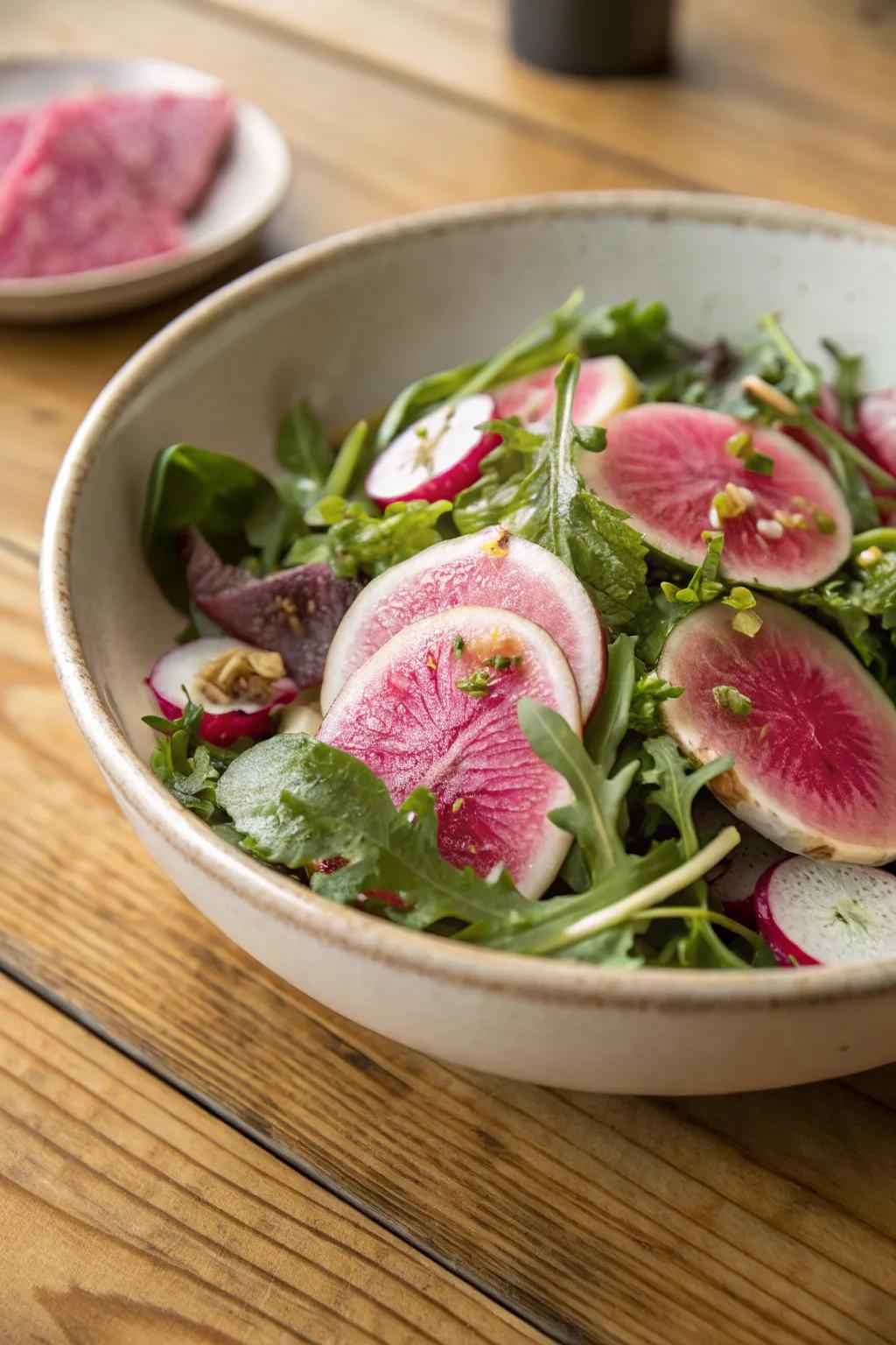 A watermelon radish creation introduces a dash of pink to your meal.