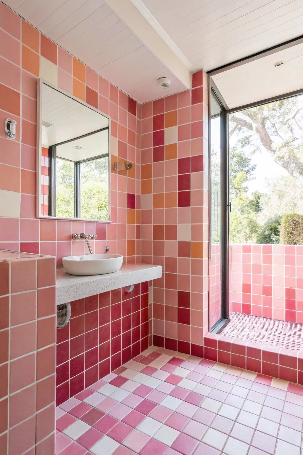 A bathroom exhibiting a range of rose-tinted tile shades.