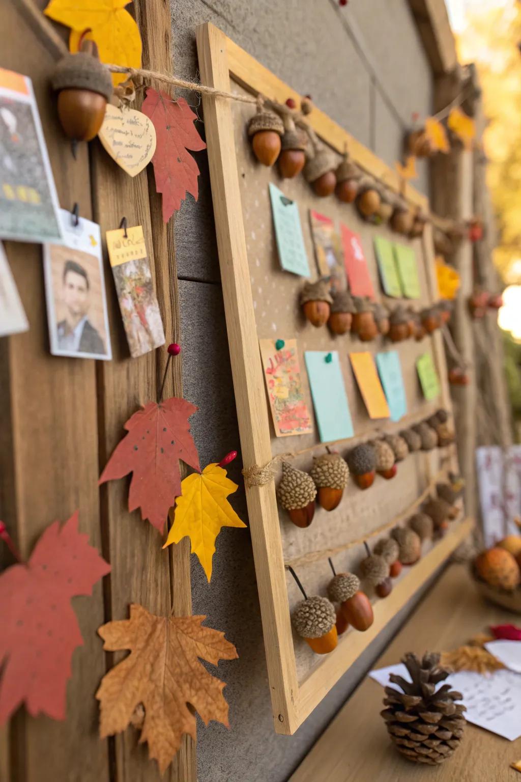 Nature-inspired pin board with beechnuts and nuts for a touch of fall.