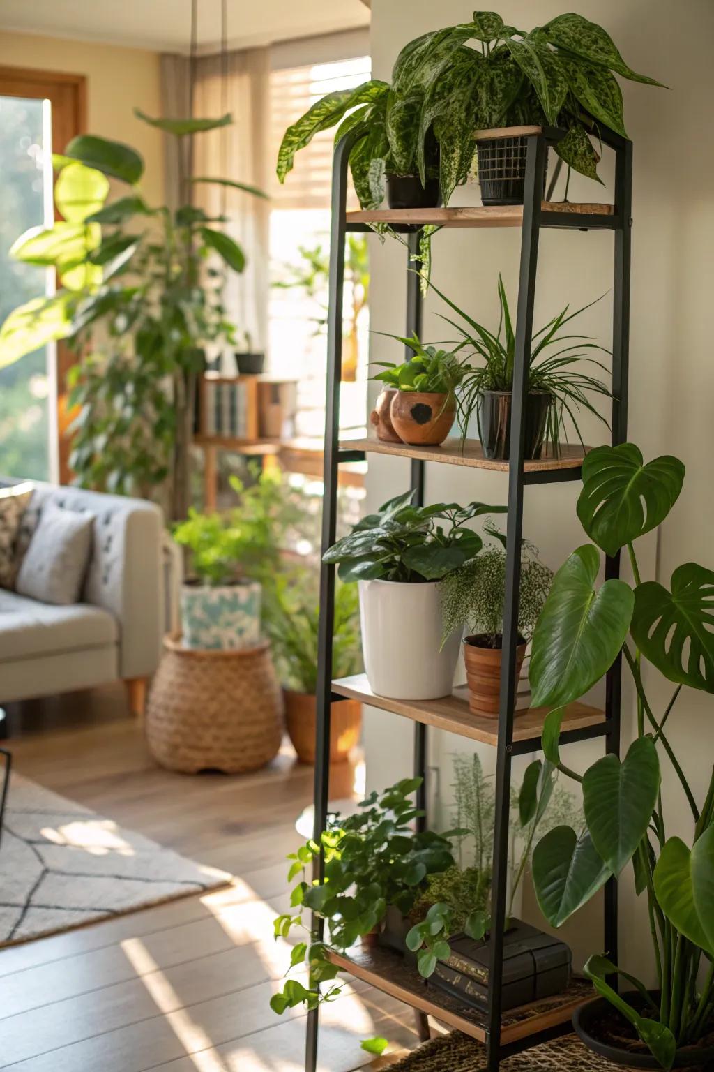 Multi-tiered plant compositions bring depth and visual interest to the arrangement.