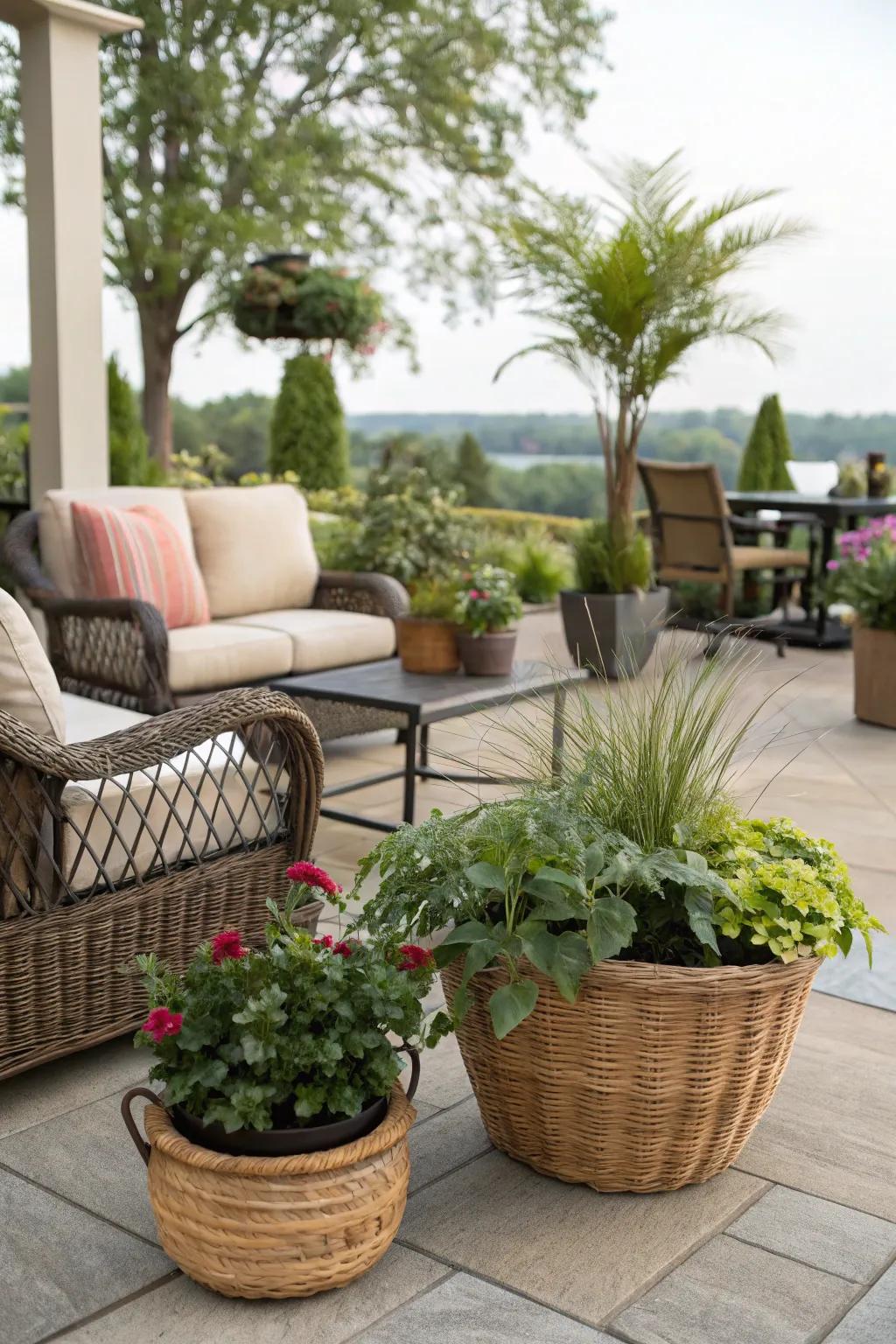 Woven baskets foster a cozy and welcoming appearance.
