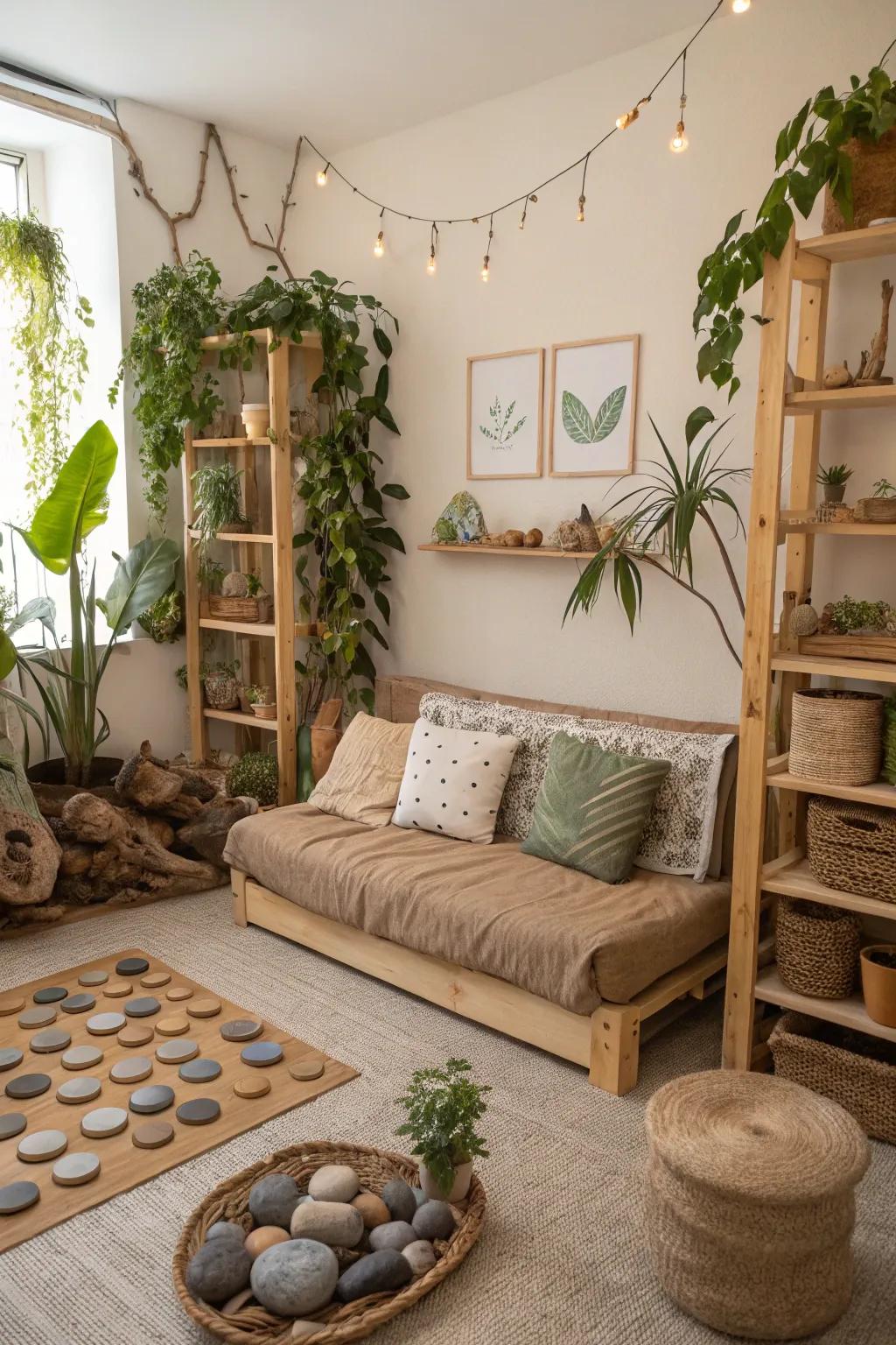 A sustainable playroom showcasing an environmentally conscious fabric settee.