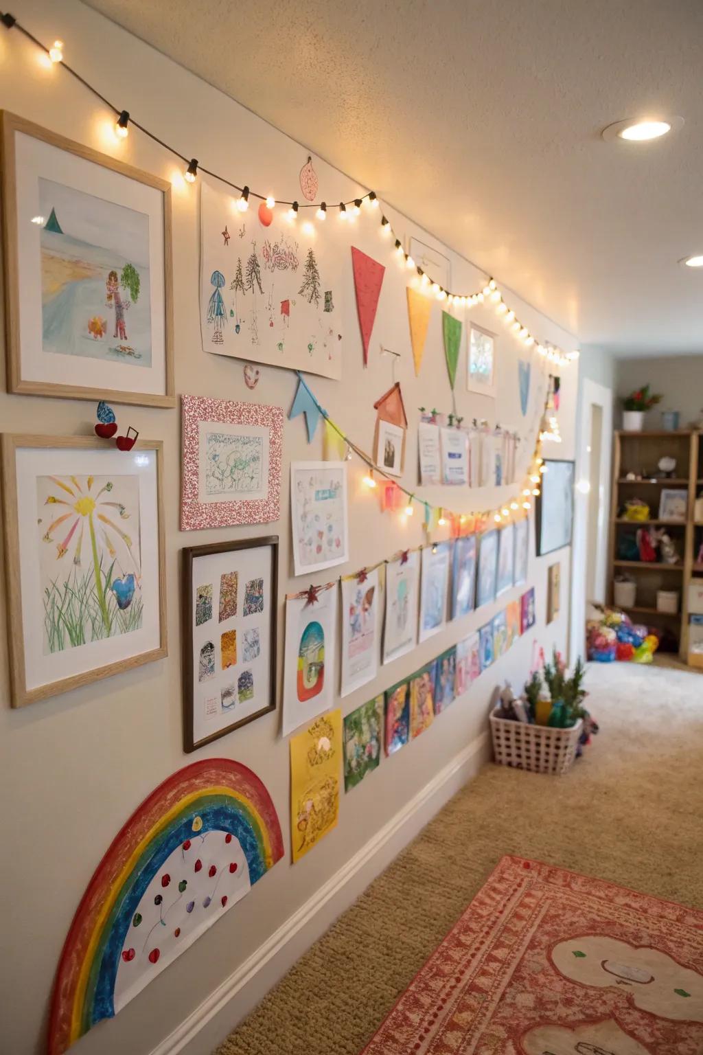 Children’s artwork displayed beautifully on a playroom wall, adding a personalized touch.