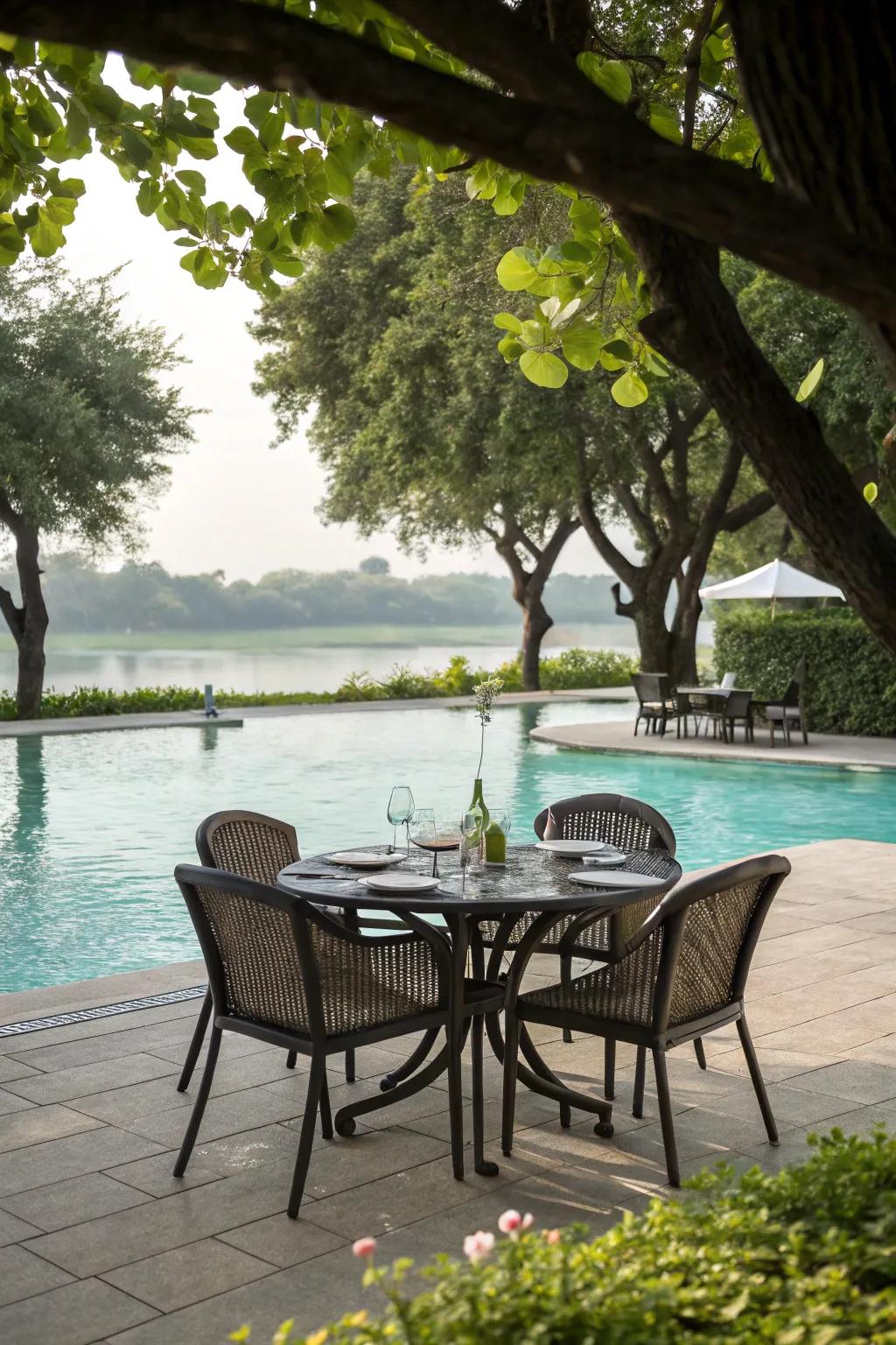 An open-air dining spot poolside, ideal for outdoor meals.