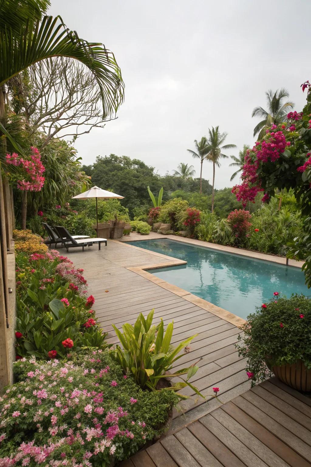 Design a tranquil escape with lush plants around your pool.
