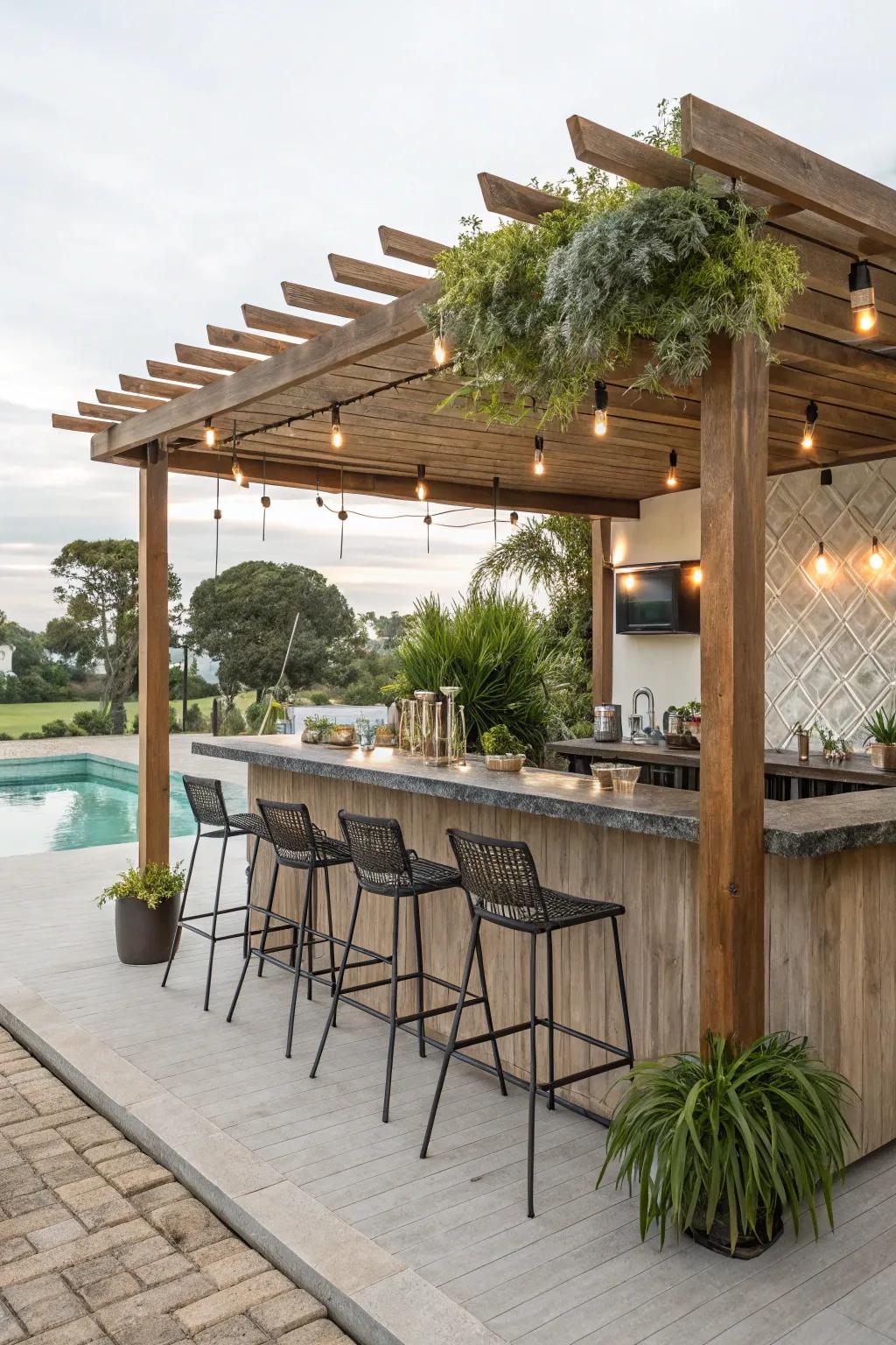 A pergola-covered bar crafts a flawless open-air atmosphere.