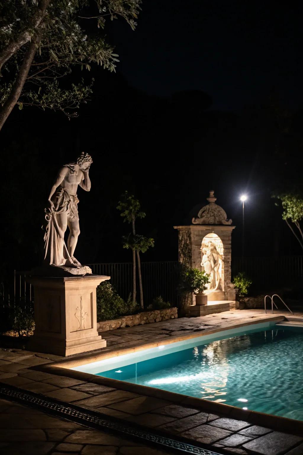 Spotlights transform focal points into nocturnal artistry.
