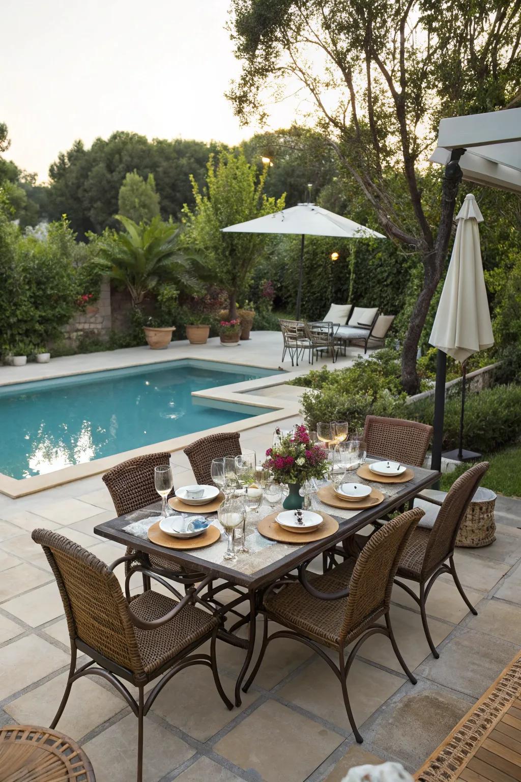 An outdoor dining space by the pool is wonderful for summer evenings.