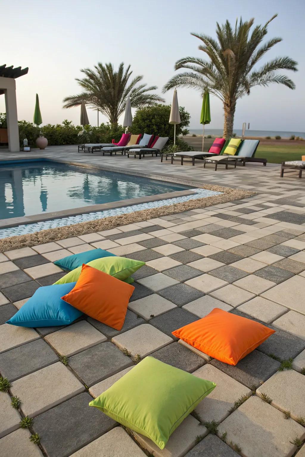 Geometric patterns introduce a playful element to your pool deck.