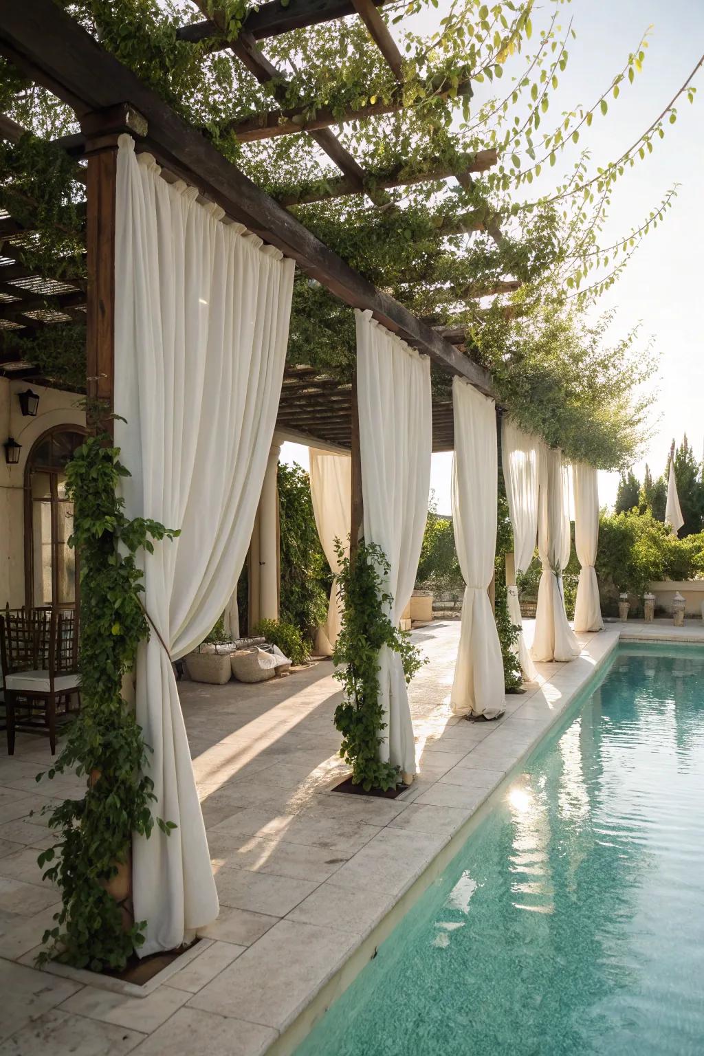 A pergola with drapery provides both privacy and refinement.