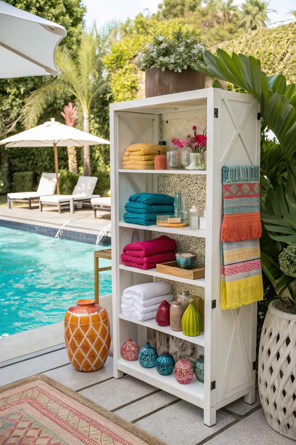 Open shelving displaying towels with a decorative touch.