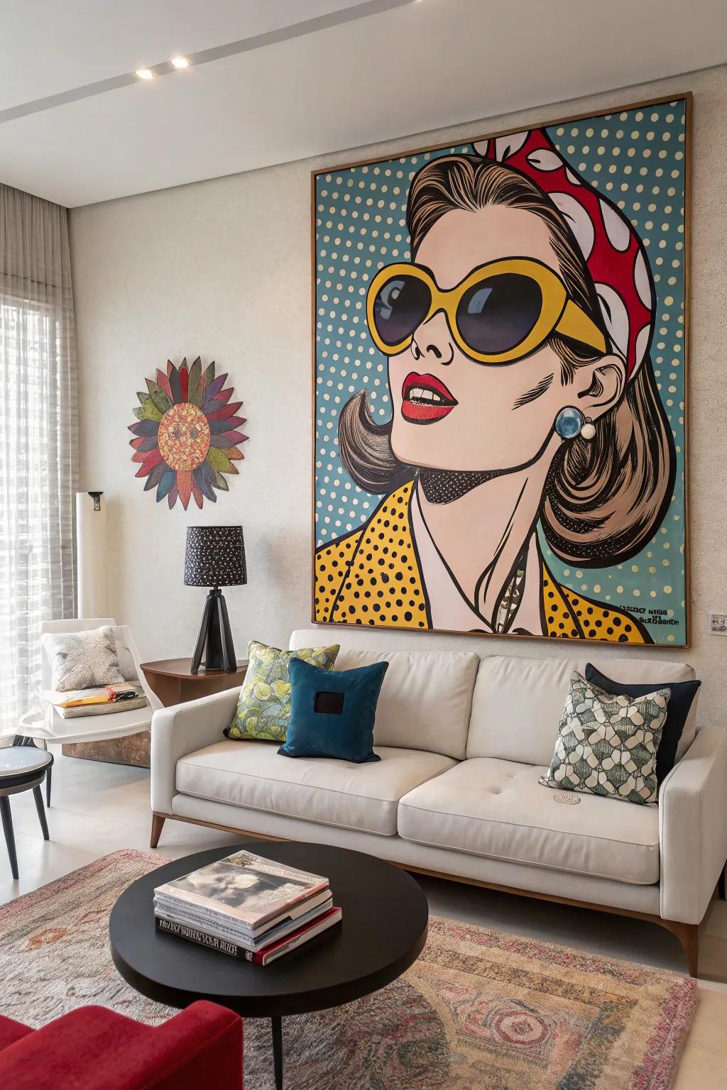 A stylish portrait featuring oversized shades in a pop art design.