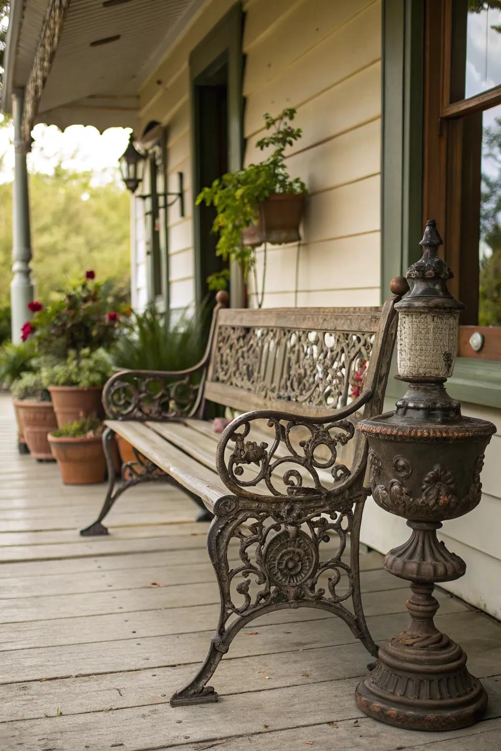 A vintage metal bench imparts a classic touch to any porch.