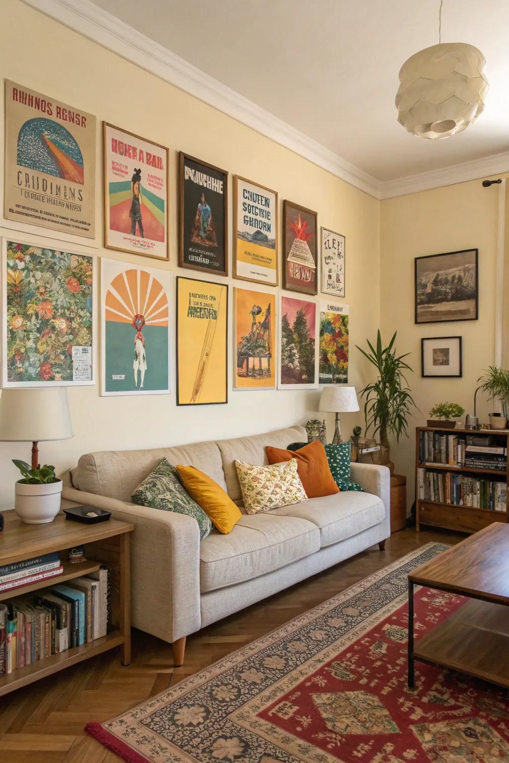 A well-decorated living area where the posters match the room's color scheme perfectly.