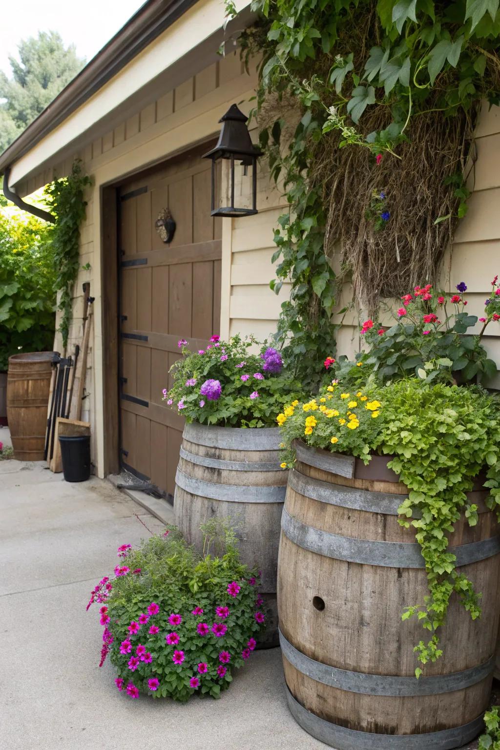Country-style cask containers contributing charisma and individuality to the garage's region.