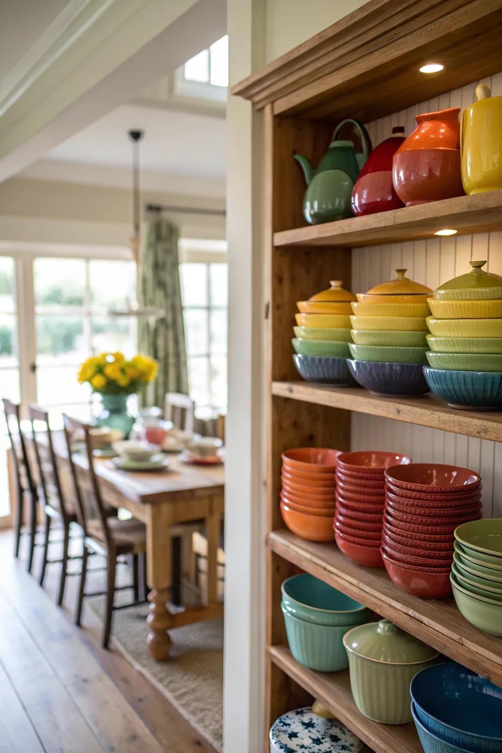 A color-coordinated pottery exhibition producing a spectrum impression.