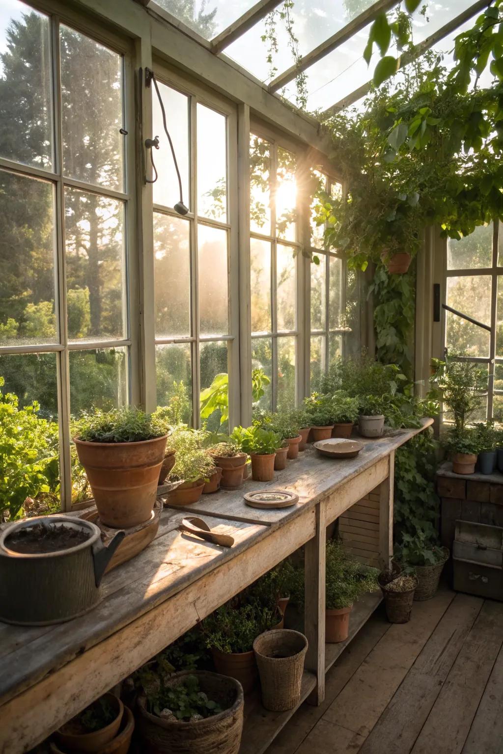 A potting shed bathed in natural light.