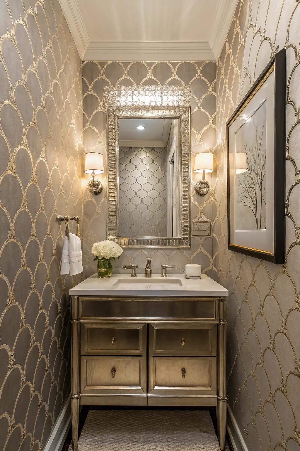 Metallic details in wall covering add a hint of sophistication and grandeur.