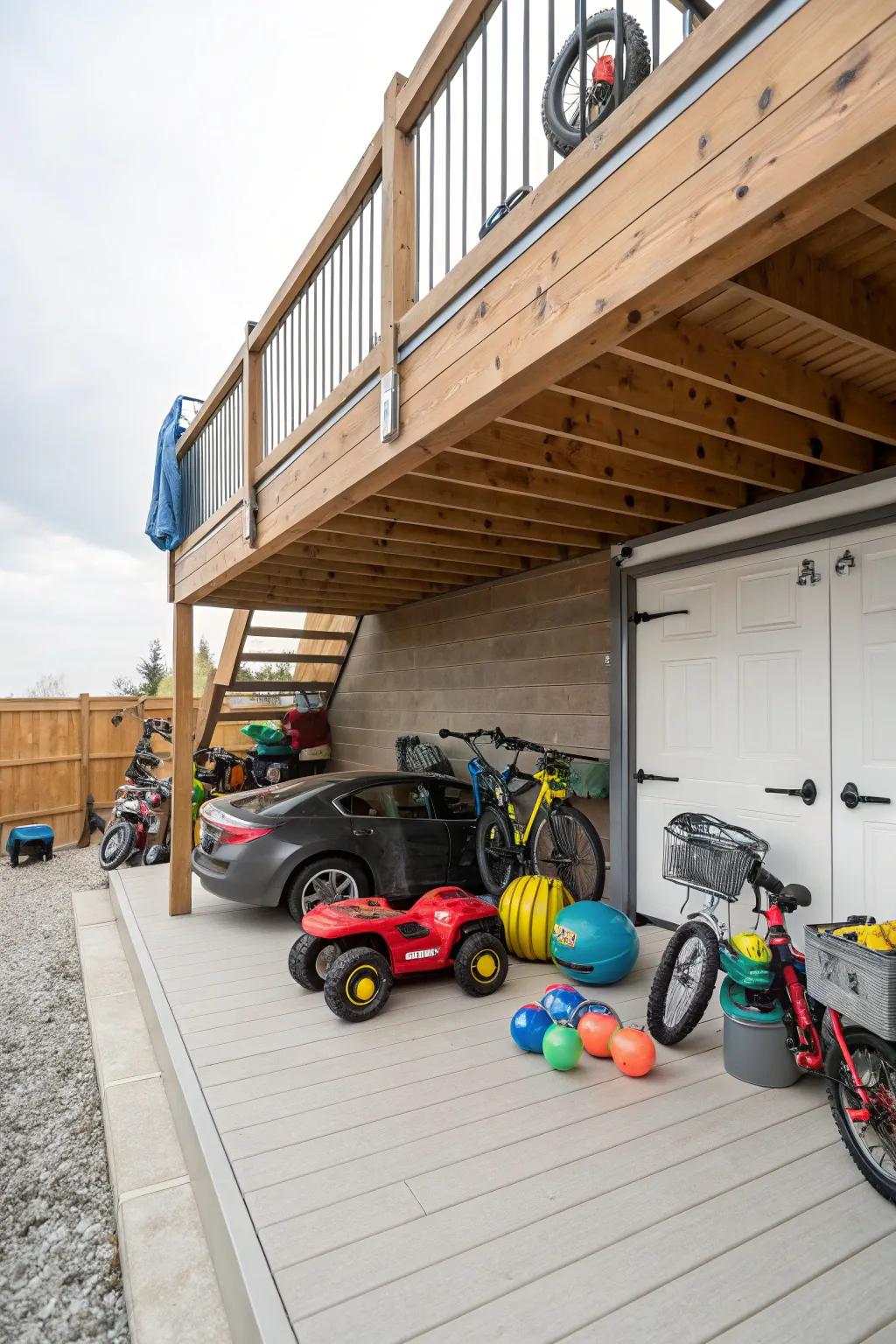 Using under-deck space for concealed motorized toy vehicle storage.