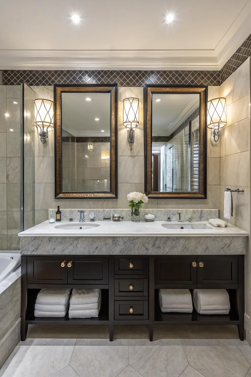 Dual vanities merge utility with sophistication.