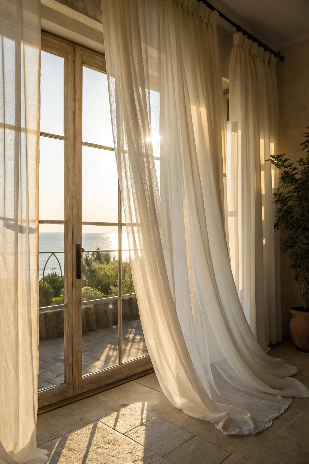 Delicate curtains create a bright, airy setting with privacy.