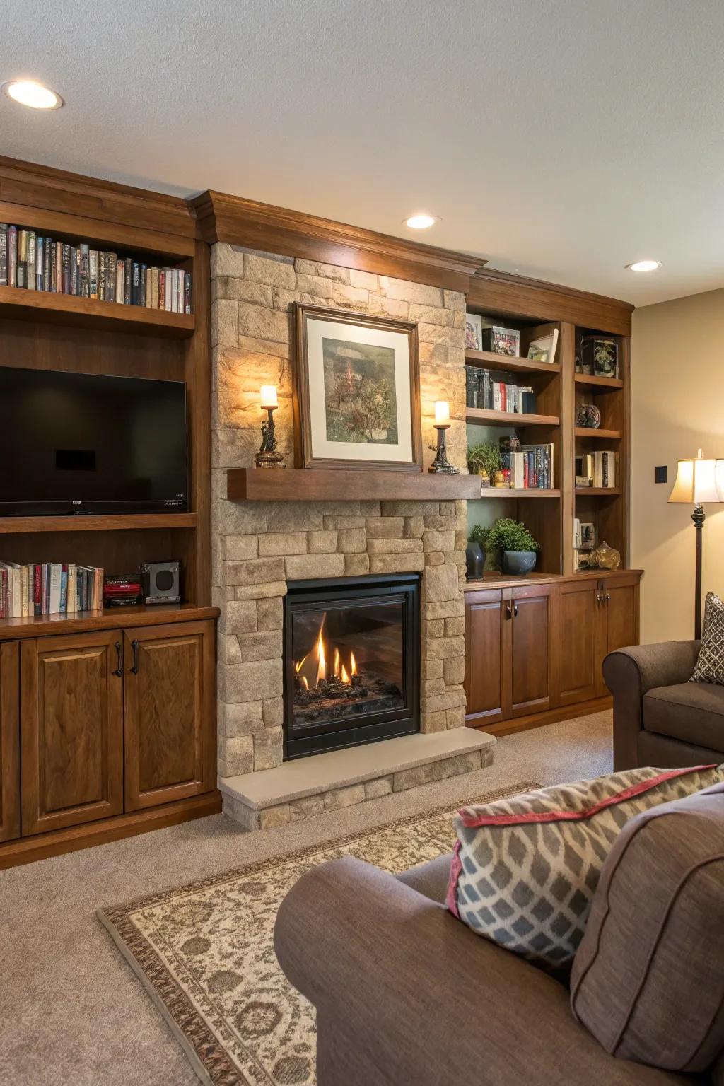 A living space with a pre-installed wall build encompassing a propane fireplace.