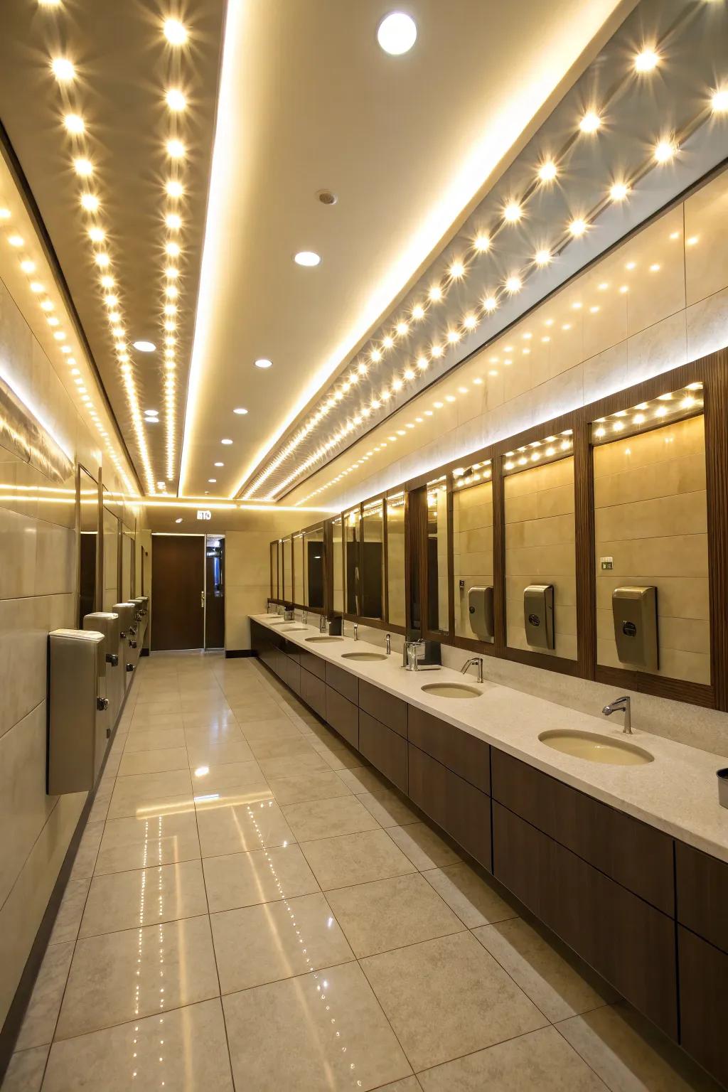 Thoughtfully planned lighting in a public restroom enhances atmosphere and practicality.