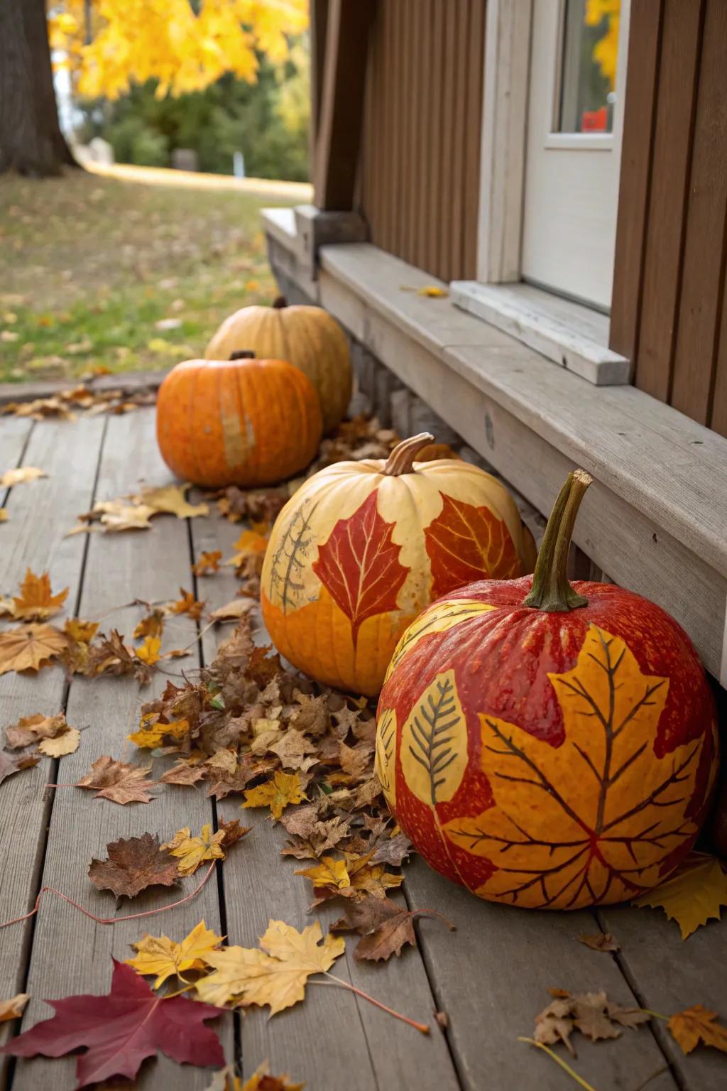 Celebrate autumn with pumpkins showcasing foliage-inspired designs.