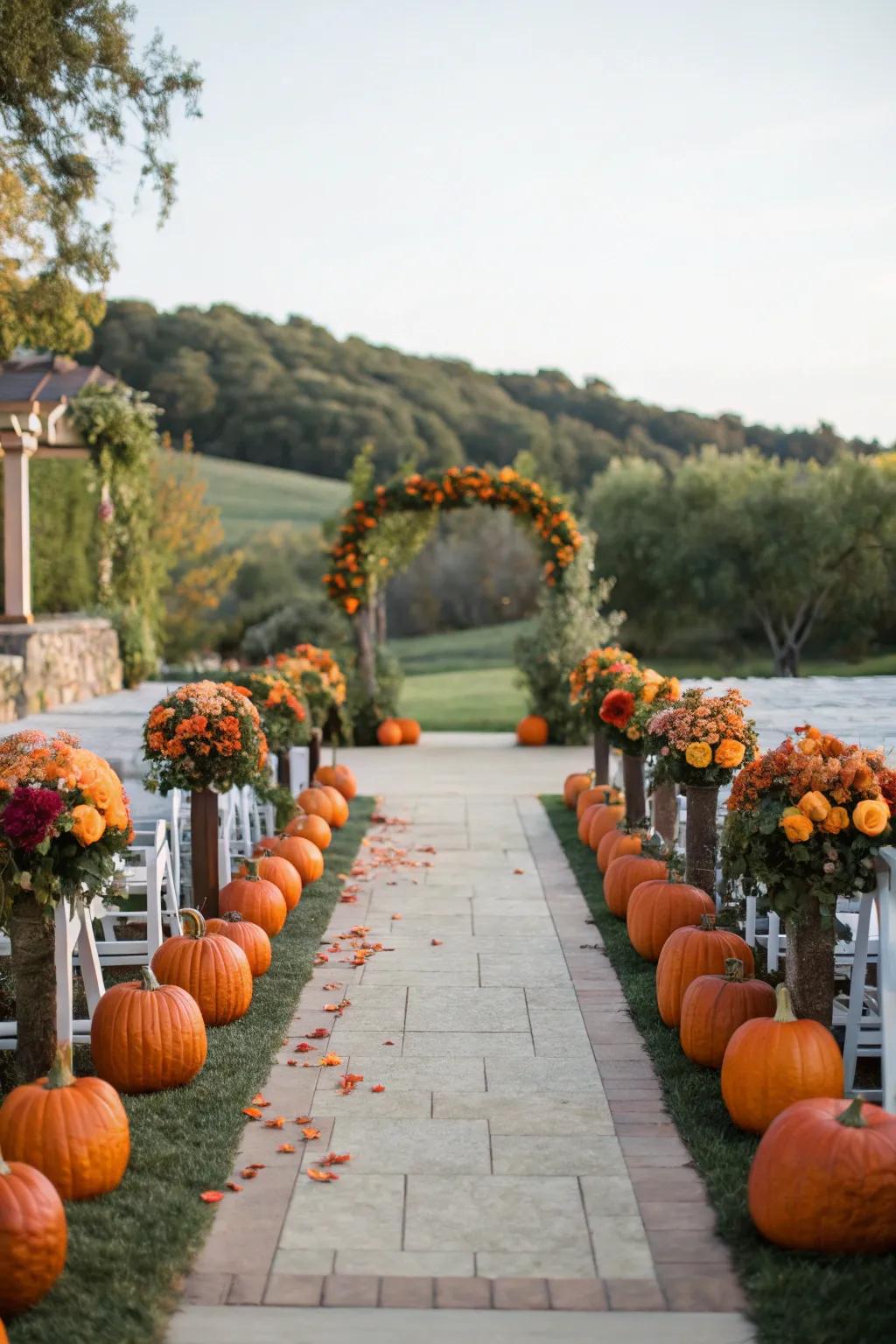 A wedding aisle beautifully decorated with squashes and blossoms.