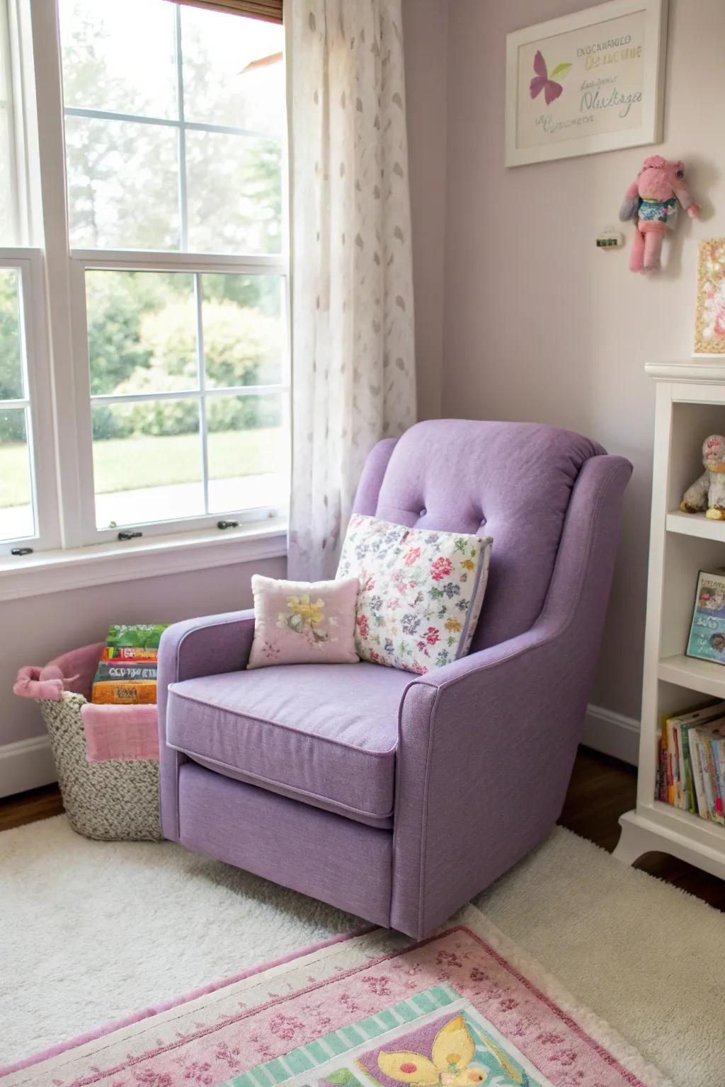 A comfortable violet glider contributes comfort and style.