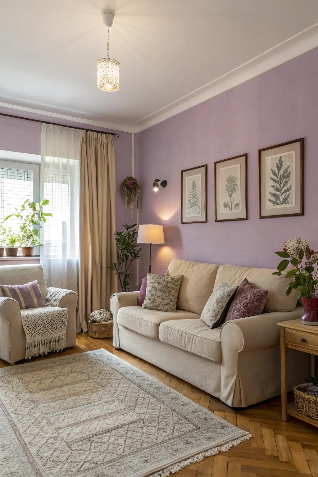 A cozy room featuring a lilac feature wall that complements neutral decor.