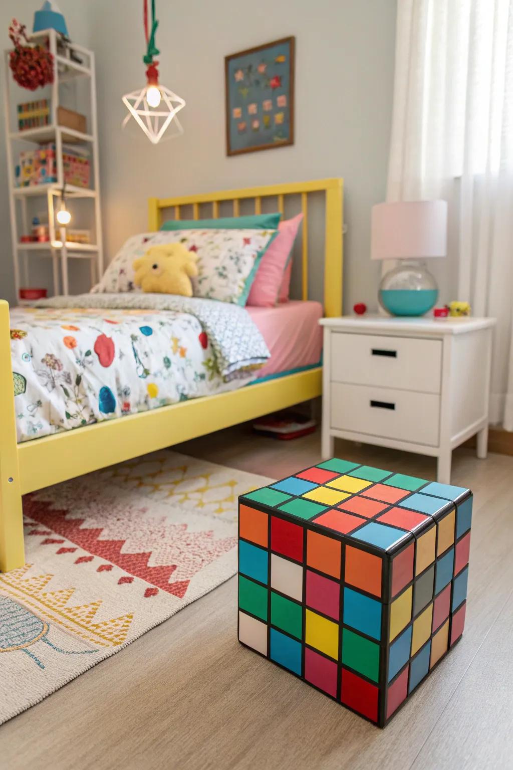 A bedroom highlighting unique furniture like a vibrant bed frame.