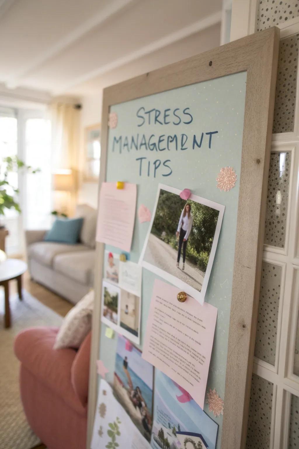 A relaxing pin board offering practical coping with stress suggestions.