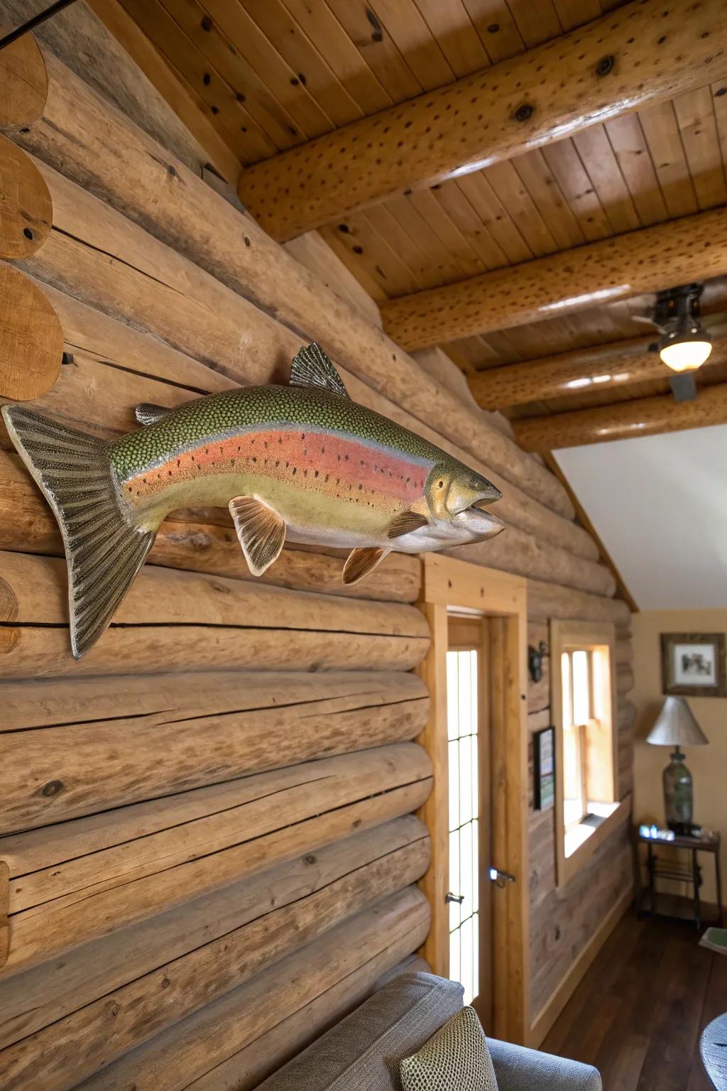 A rustic wall mount of a rainbow trout brings a cozy, cabin-like appeal.
