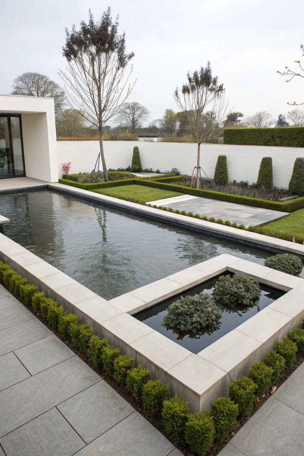 A sophisticated, modern raised koi pond distinguished by its geometric clarity.