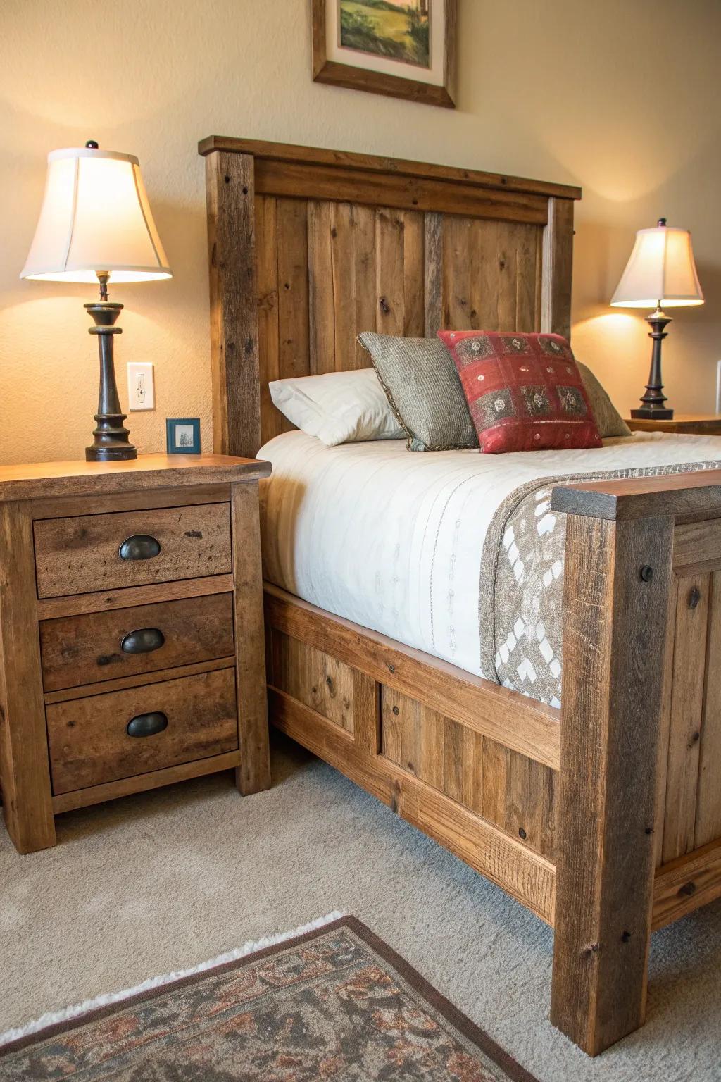 A countryside timber bedstead paired with matching timber bedside tables.