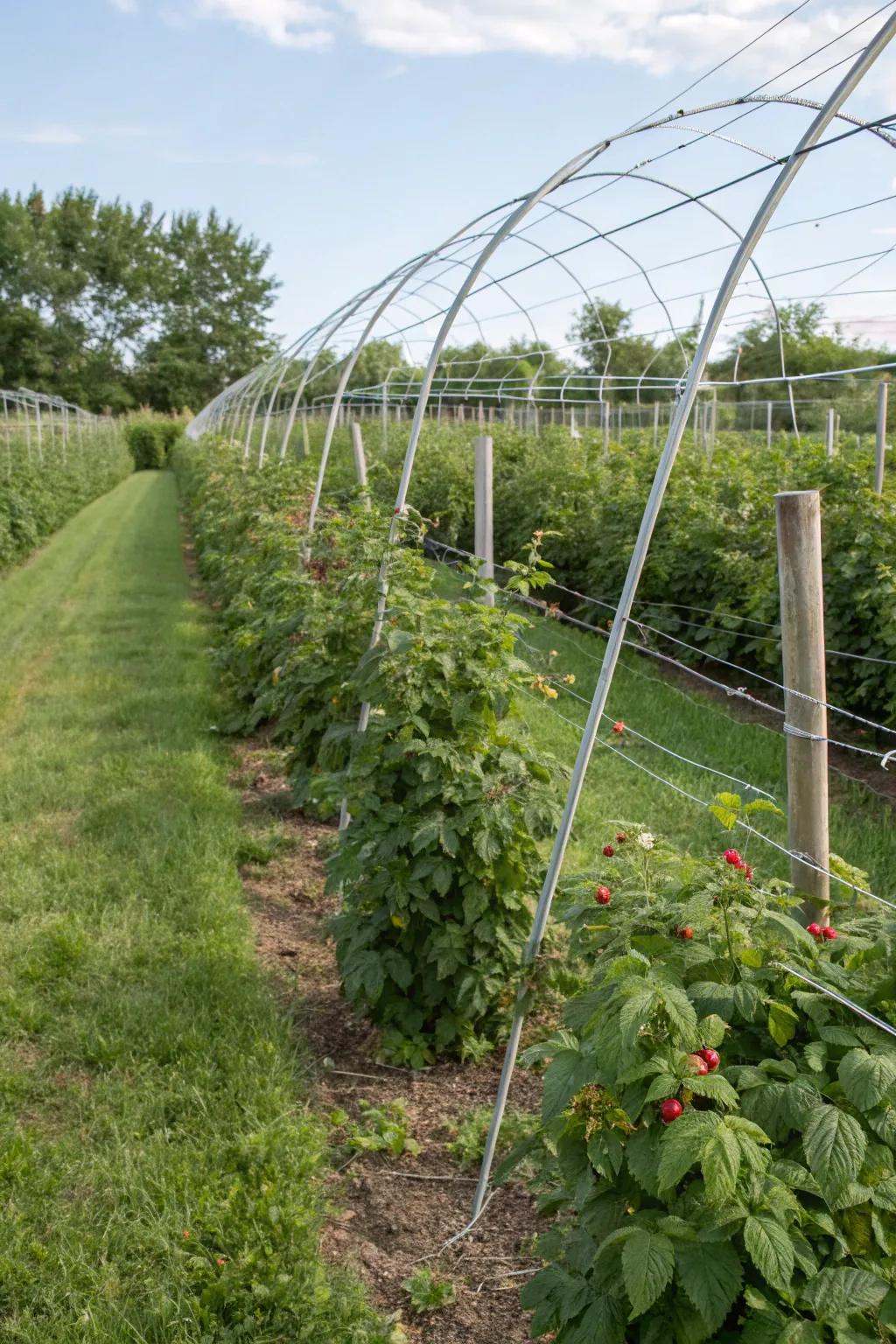 Weather-resistant wire systems keep raspberry canes neatly arranged and supported.