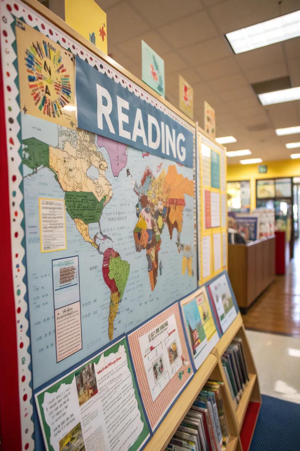 Maps and directional signs invite readers to explore diverse book genres.
