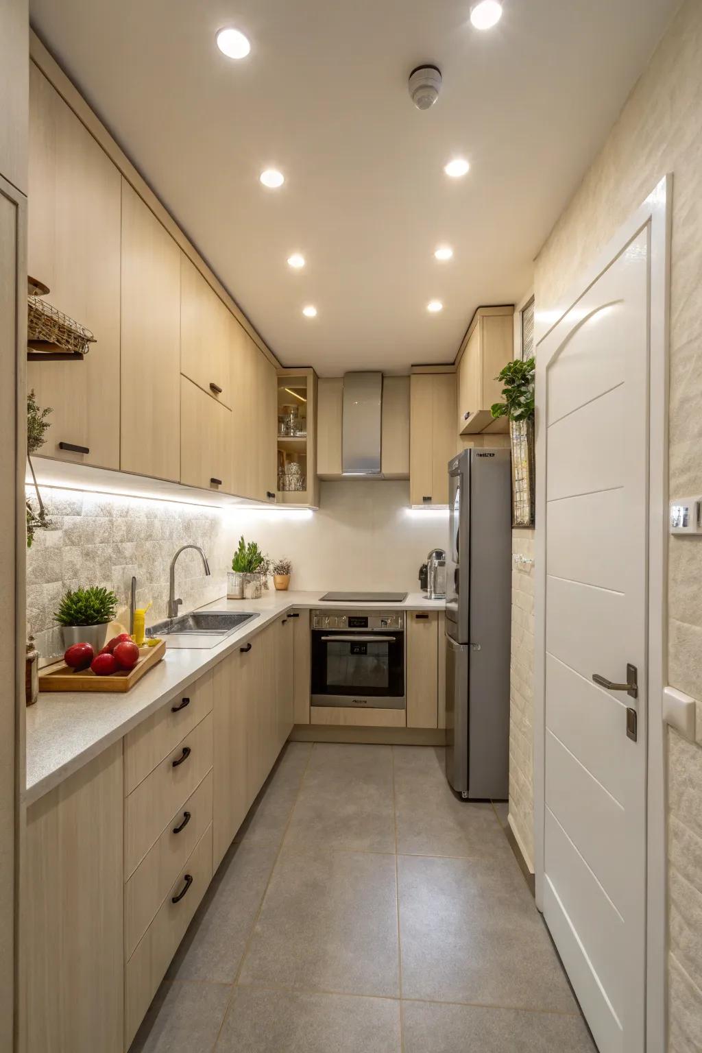 Neutral shades and downlighting synergize to broaden the space.