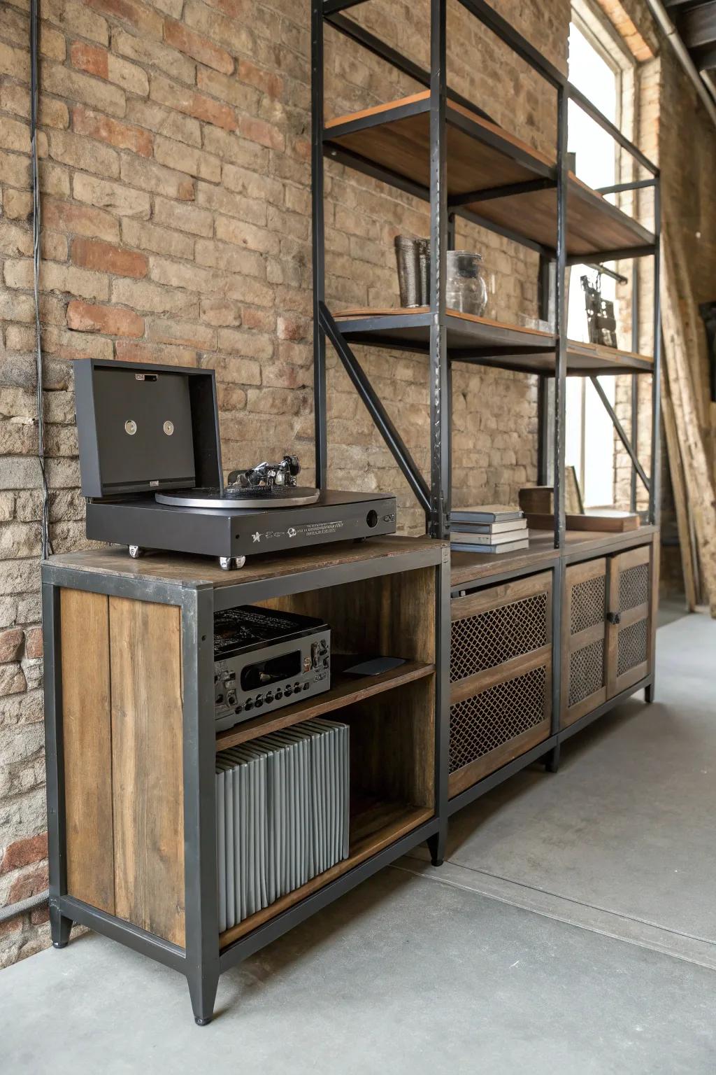 Industrial chic record player space with elements of metal and wood.