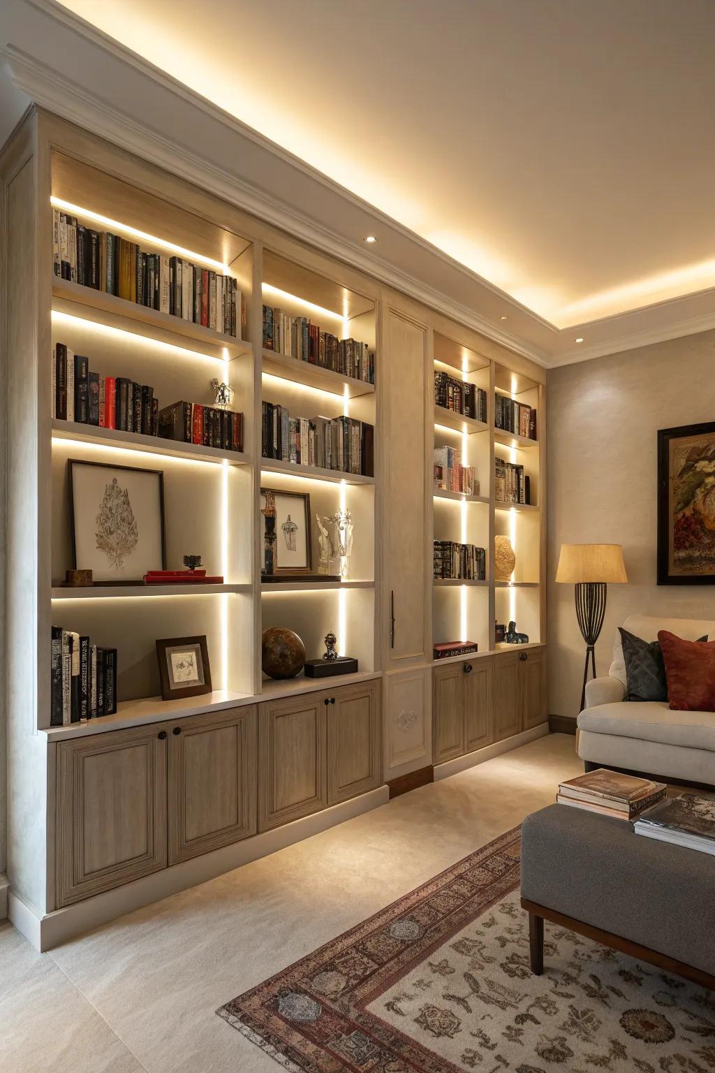 High shelves contribute elevation and visual intrigue to a space.