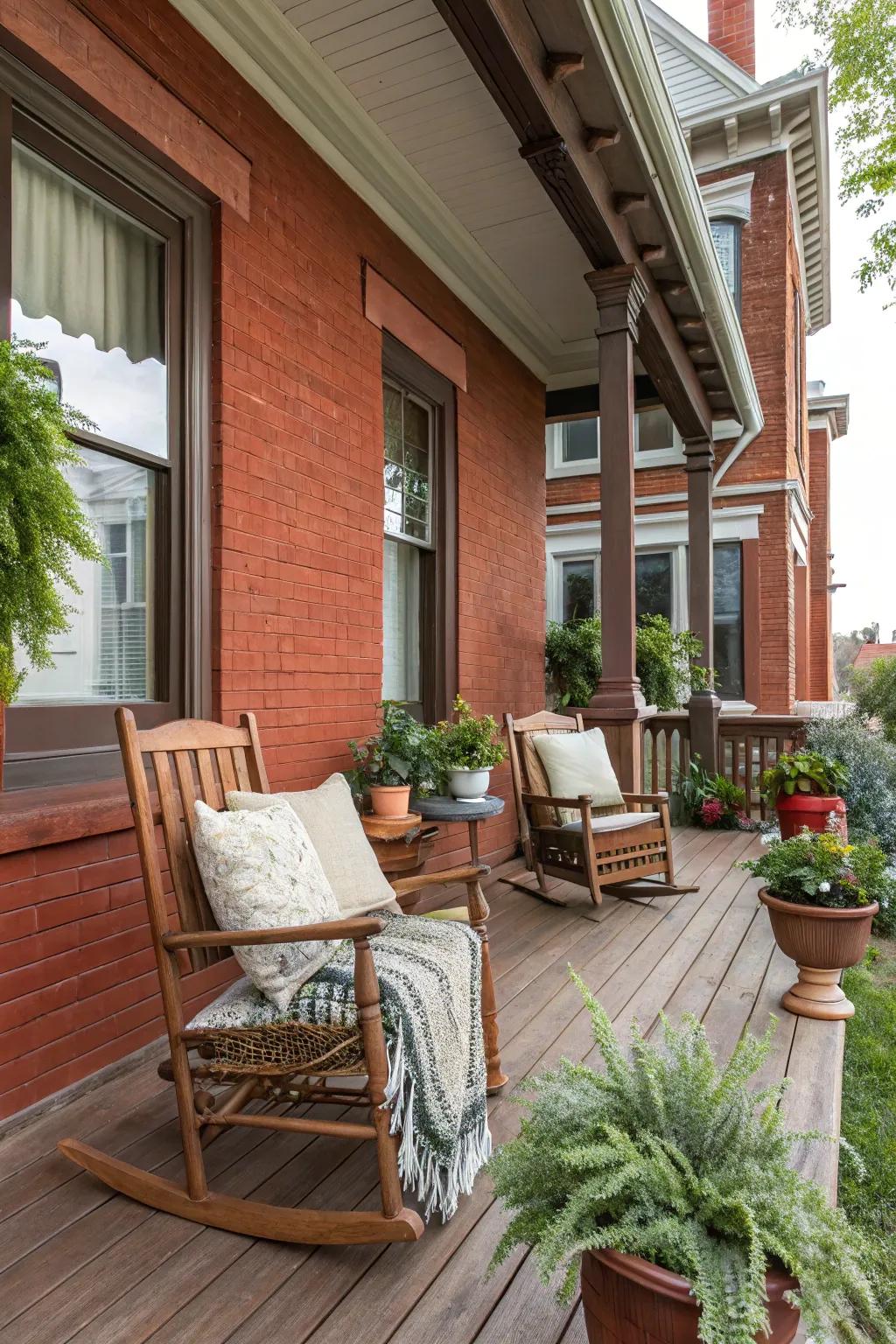 A welcoming veranda enhances the allure of a red brick house.